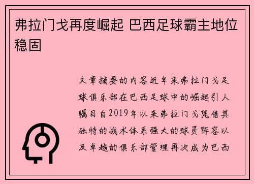 弗拉门戈再度崛起 巴西足球霸主地位稳固
